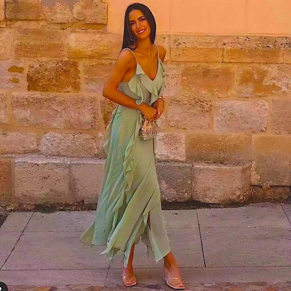 Zara Viral Ruffled V-Neck Sea Green SS23 Long Dress